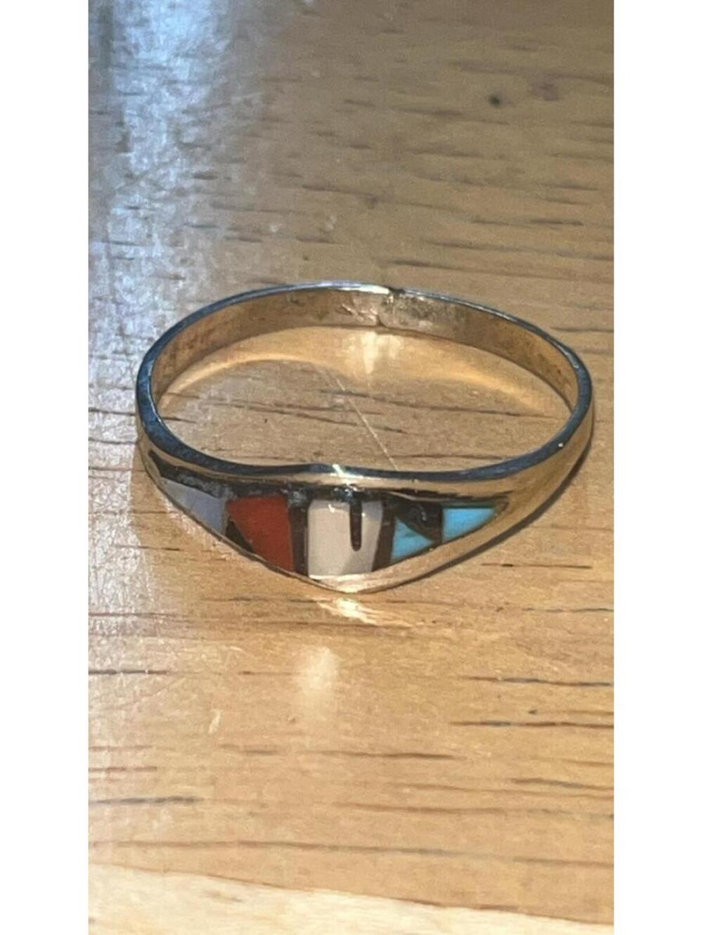Zuni sterling silver turquoise coral inlay traditional ring size 8.5 -Clinton